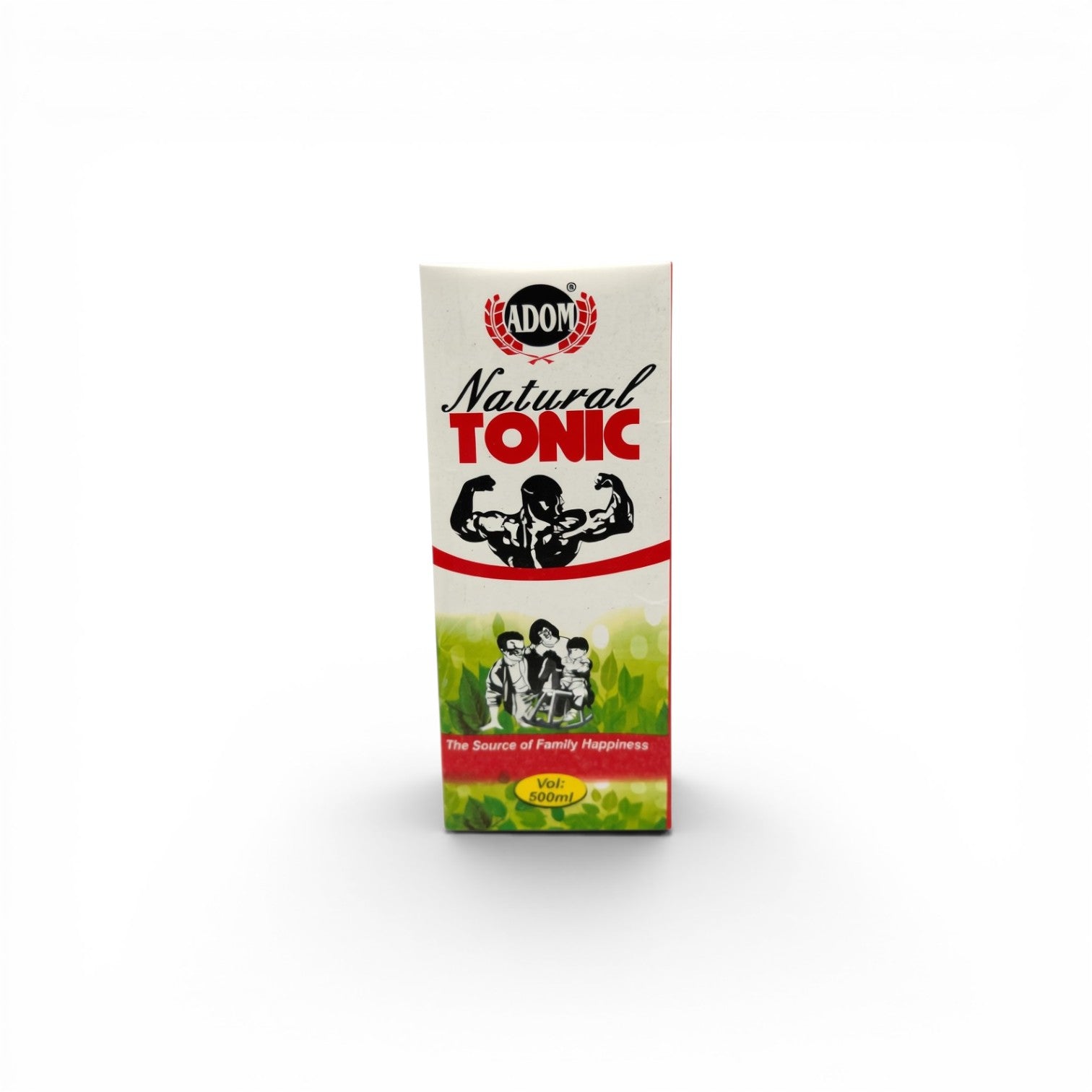 Duaba Afro Adom Natural Tonic 500ml bottle with Siberian Ginseng and Alstonia boonei. Features a muscular man and family illustration.