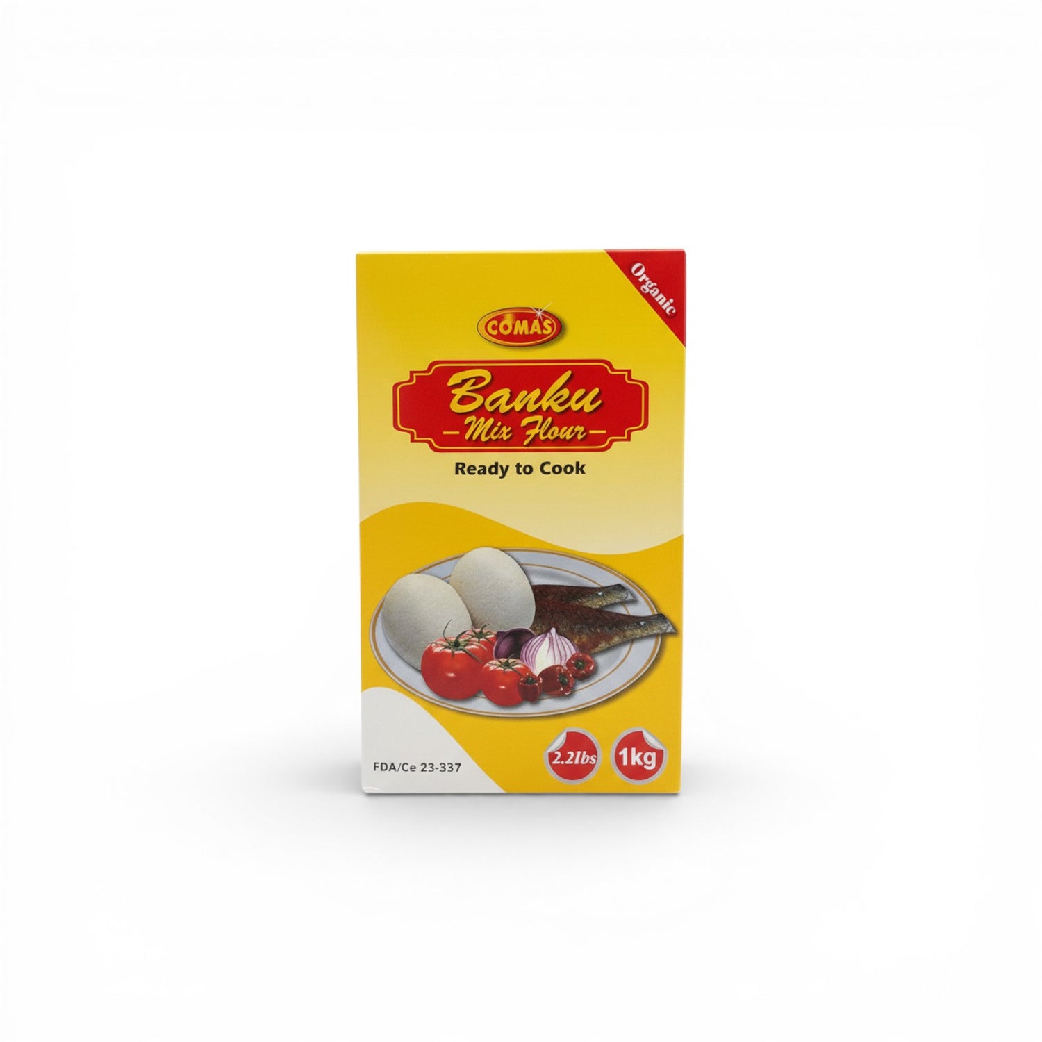 Duaba Afro Comas Banku Mix - 1kg ready-to-cook flour made from fermented corn and cassava. Includes image of prepared banku, fish, tomatoes, and onions.