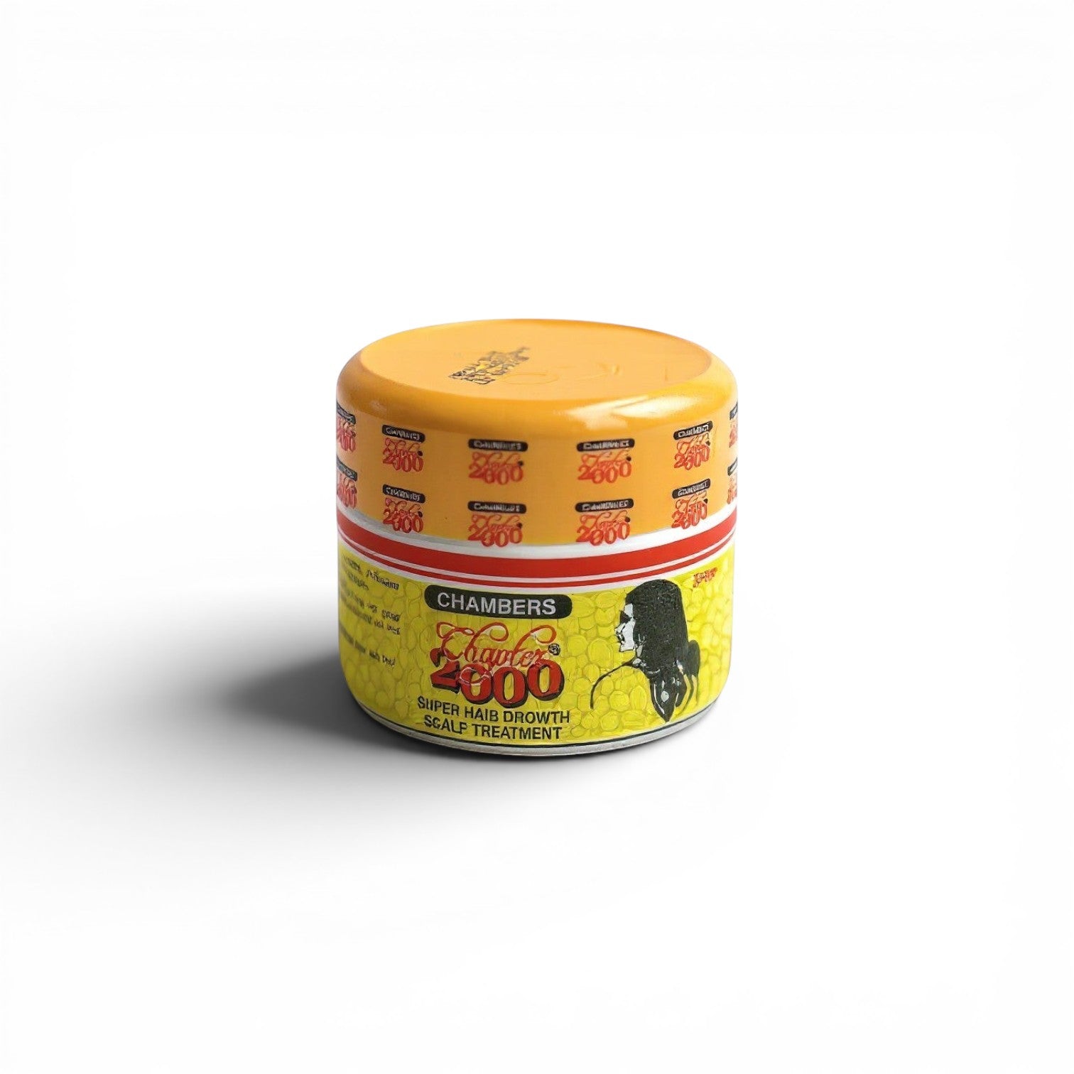 Duaba Afro Chambers Chapter 2000 hair grow scalp treatment jar with yellow lid and label featuring antiseptic sulphur and herbal formula.