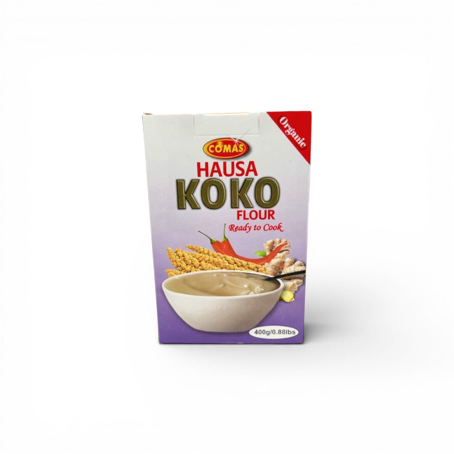 Duaba Afro Comas Hausa Koko Flour, a 400g organic mix of millet, ginger, and spices for traditional Ghanaian porridge.