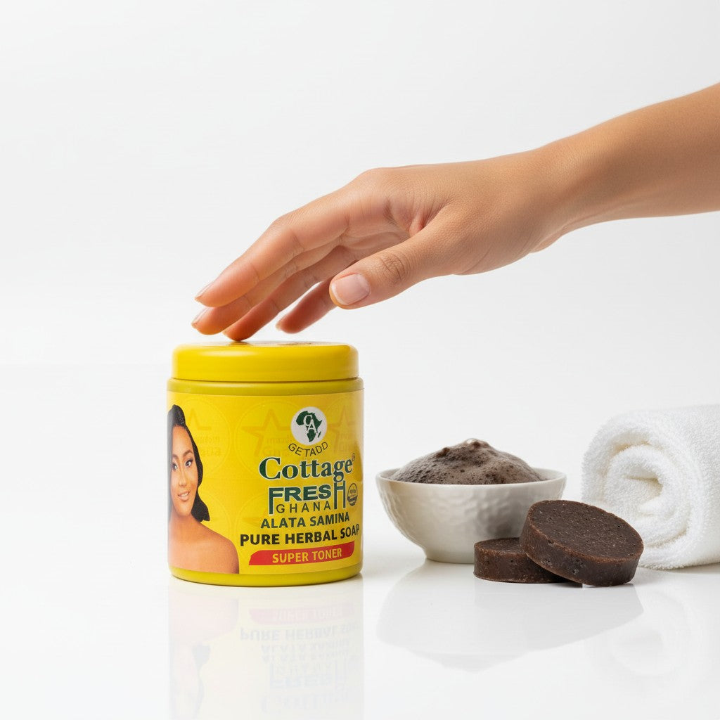 Duaba Afro Foods Getadd Cottage Fresh Alata Samina pure herbal soap, 550g, Super Toner variant. Yellow container with African map logo.