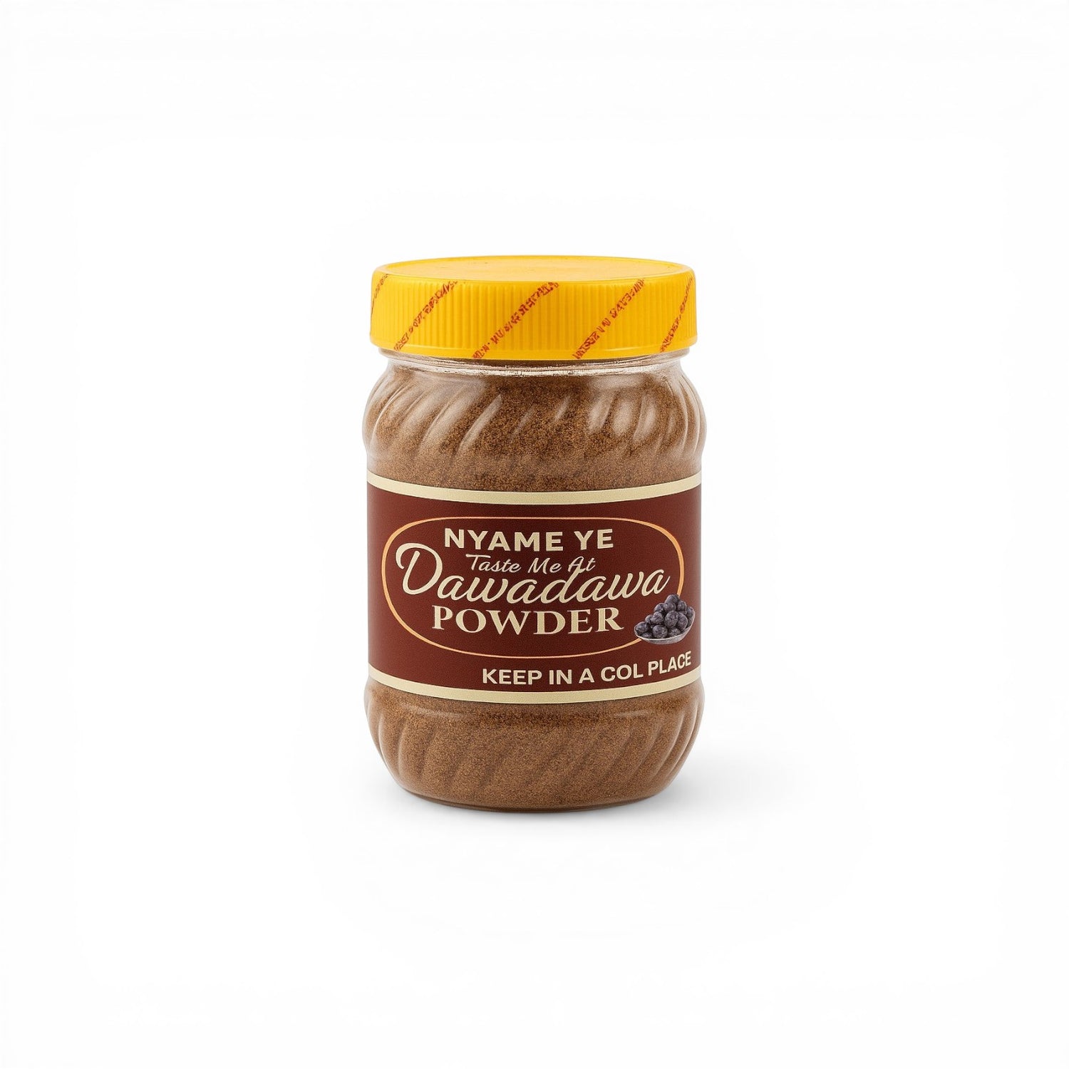 Duaba Afro Dawadawa Powder, a fermented African locust bean seasoning in a clear jar with a yellow lid. 200g.