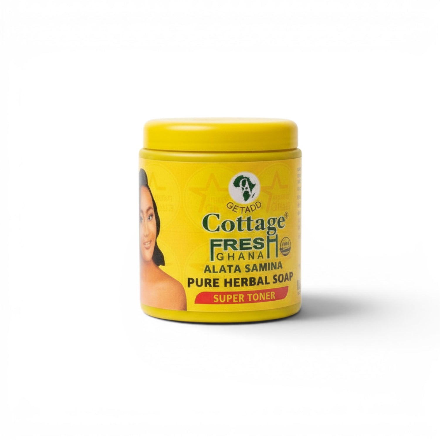 Duaba Afro Foods Getadd Cottage Fresh Alata Samina Pure Herbal Soap Super Toner, a dark brown handmade soap with a yellow container.
