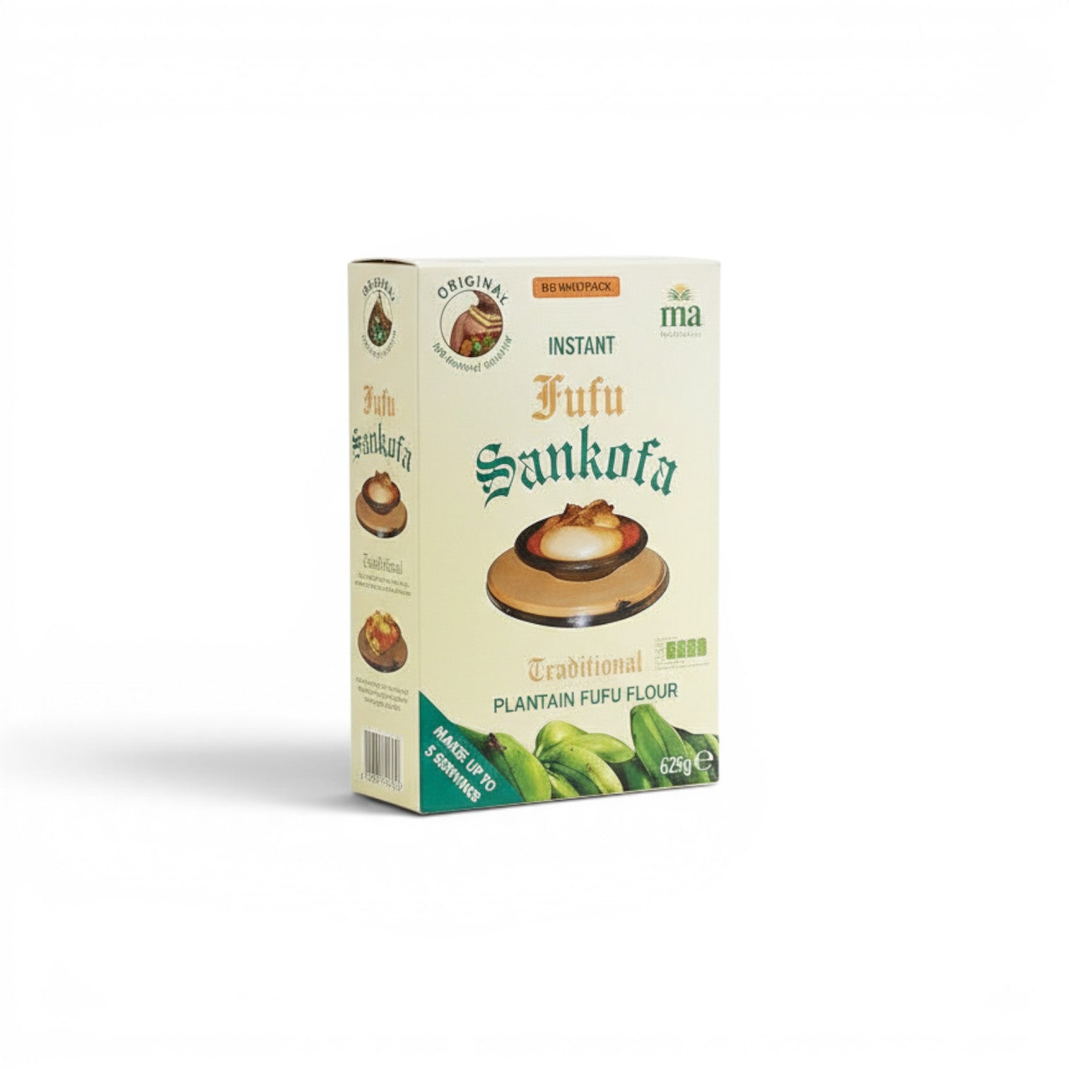 Duaba Afro Foods Sankofa Instant Fufu Flour, traditional plantain fufu mix made from plantain, cassava, and potato powder. 625g.