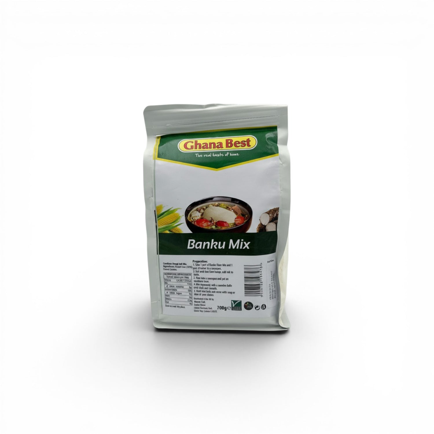 Duaba Afro Ghana Best Banku Mix 700g bag, a ready-to-cook flour blend of fermented corn and cassava for authentic Ghanaian cuisine.