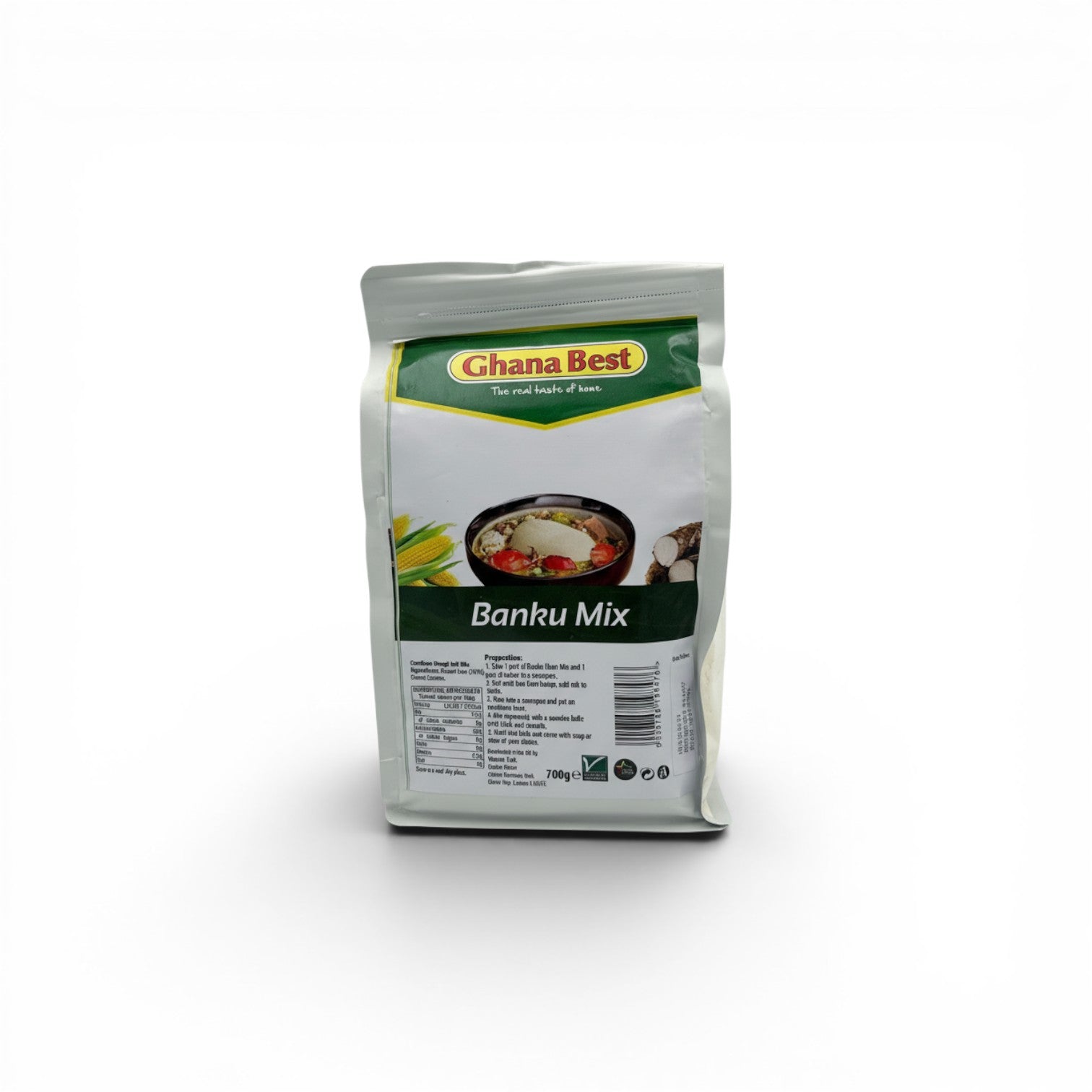 Duaba Afro Ghana Best Banku Mix 700g bag, a ready-to-cook flour blend of fermented corn and cassava for authentic Ghanaian cuisine.