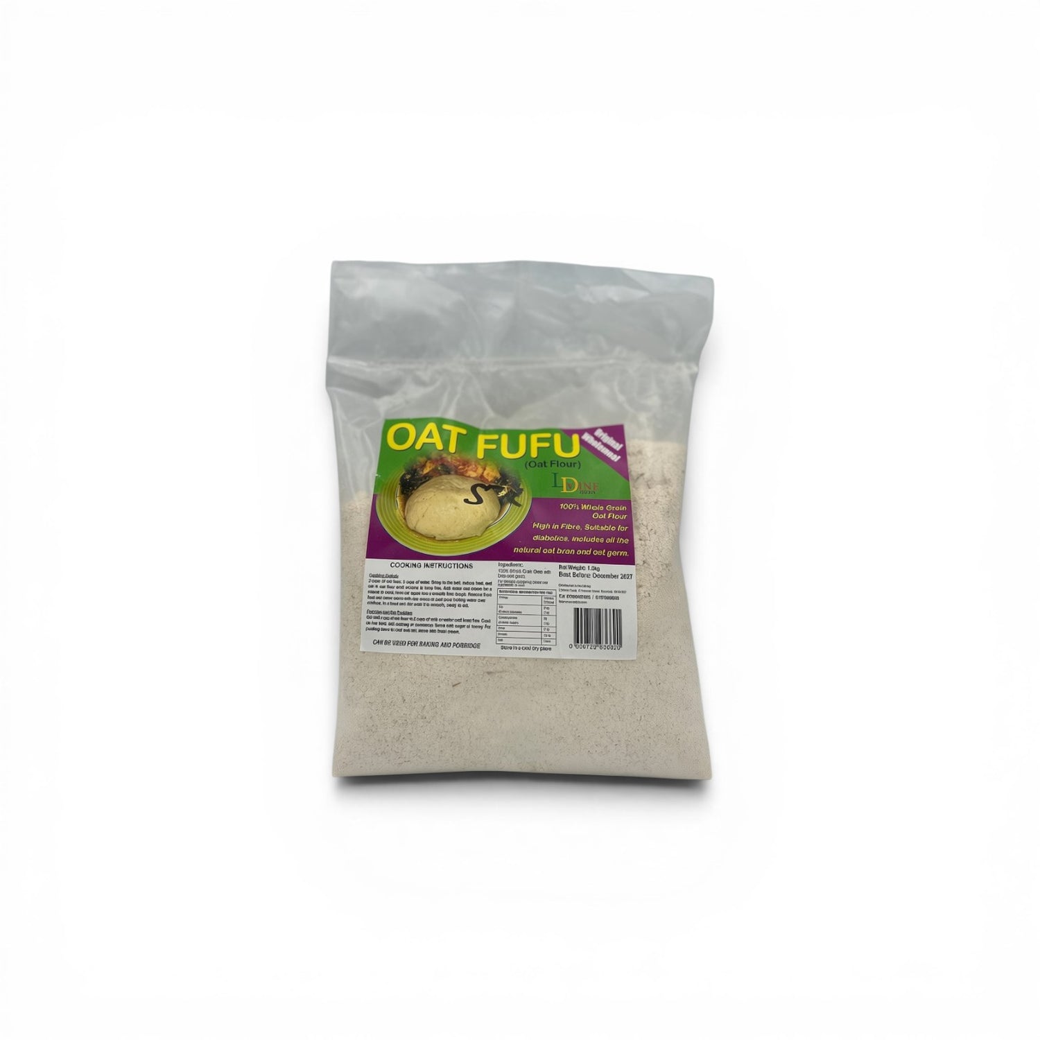 Duaba Afro LDVINE Oat Fufu 1.5kg bag, a whole grain oat flour high in fibre, suitable for diabetics.