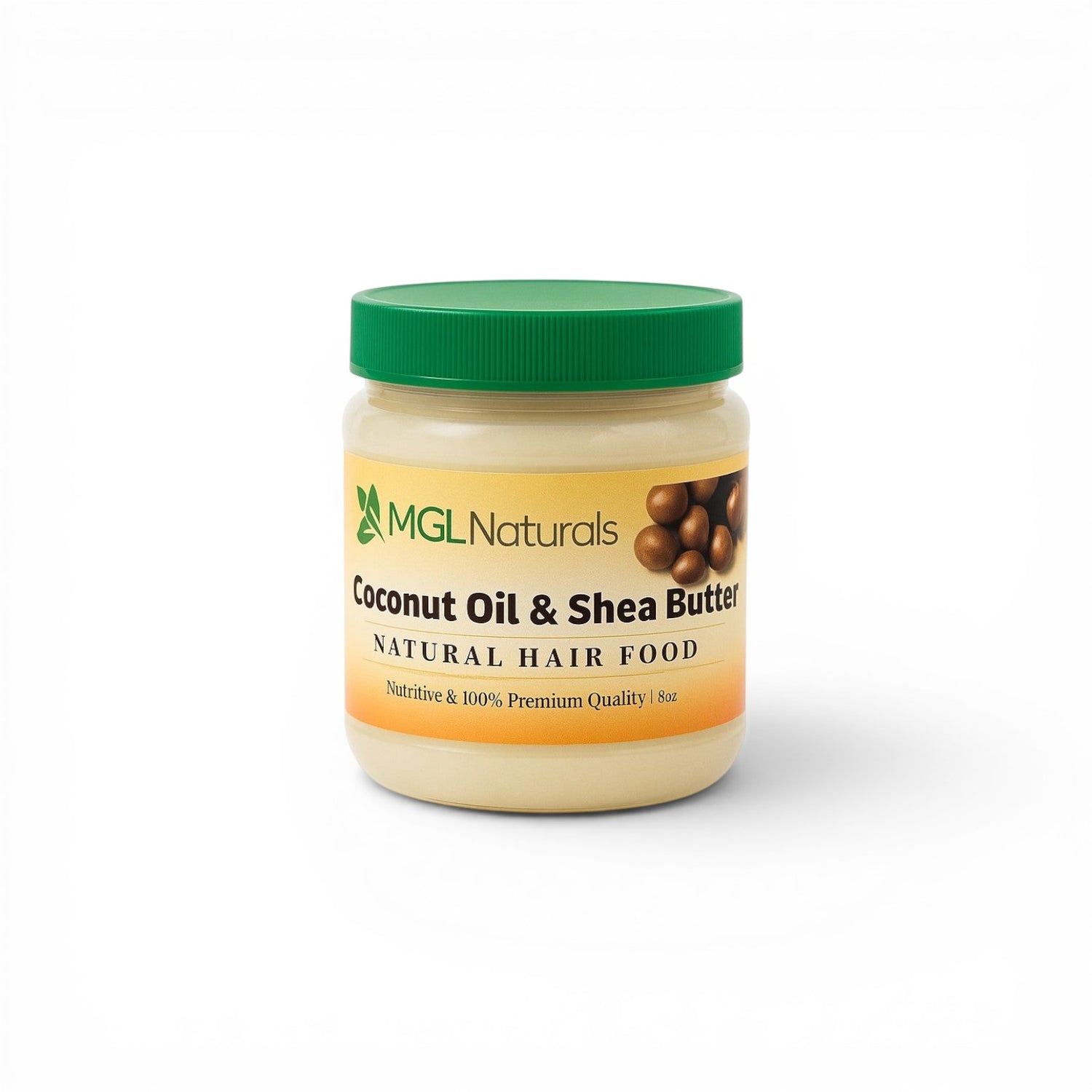 Duaba Afro MGL Naturals Coconut Oil & Shea Butter Hair Food jar with green lid. Natural hair growth treatment.