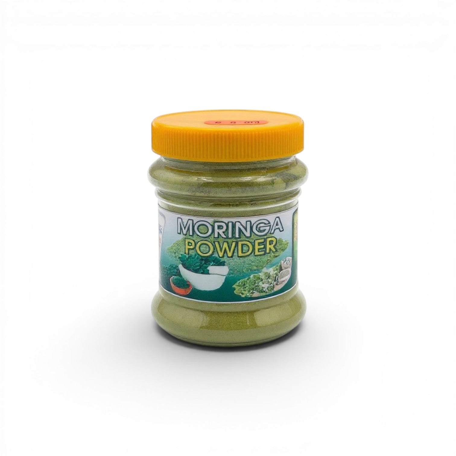 Duaba Afro Moringa Powder in a clear plastic jar with a yellow lid. The powder is a vibrant green.