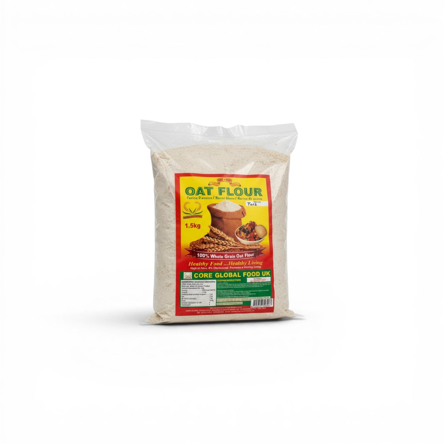 Duaba Afro The Core 1.5kg bag of 100% whole grain oat flour, fine and versatile for baking, smoothies, and traditional dishes.