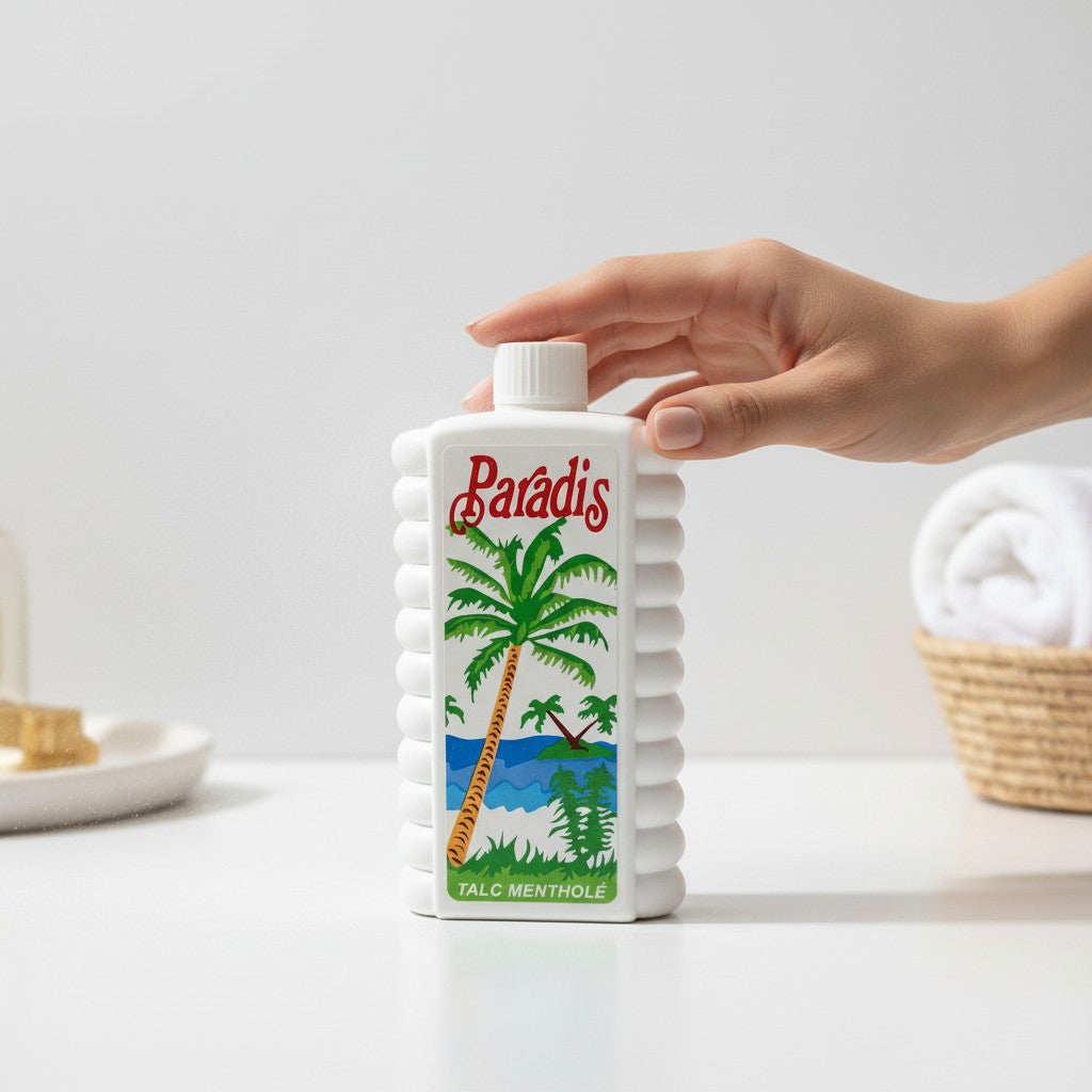 Duaba Afro Paradis Talc Mentholated Body Powder 450g, white bottle with tropical palm tree design, for cooling freshness.