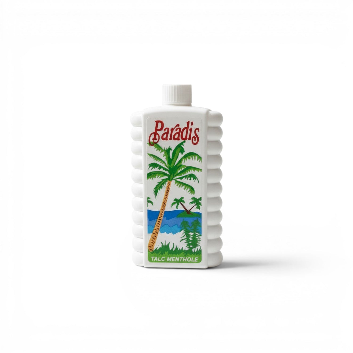Duaba Afro Paradis Talc Mentholated Body Powder 450g with palm tree graphic, for cooling freshness.