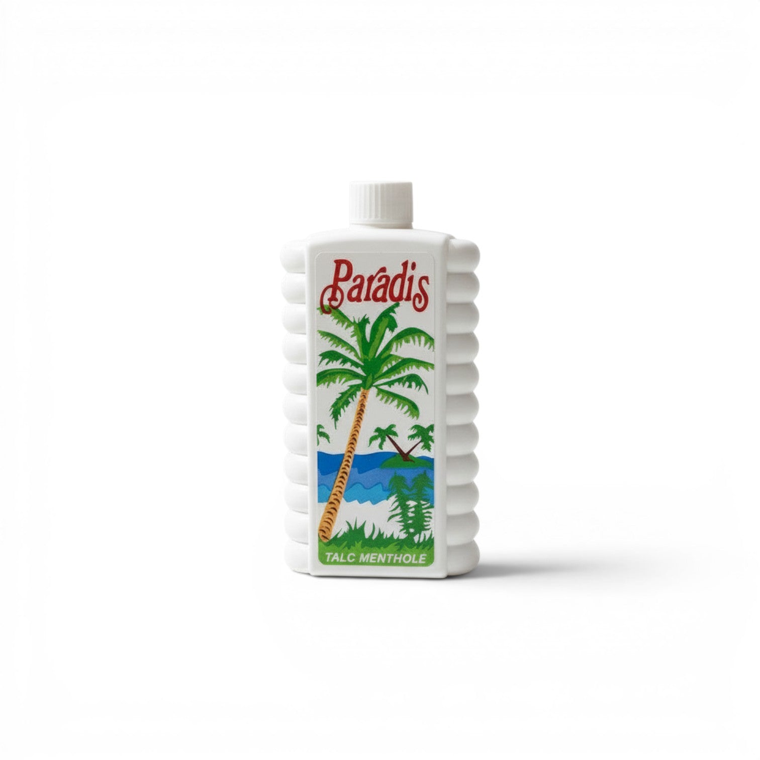 Duaba Afro Paradis Talc Mentholated Body Powder 450g with palm tree graphic, for cooling freshness.