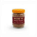 Duaba Afro Prekese Powder (Aidan Fruit) in a clear jar with a yellow lid, fine brown powder inside.