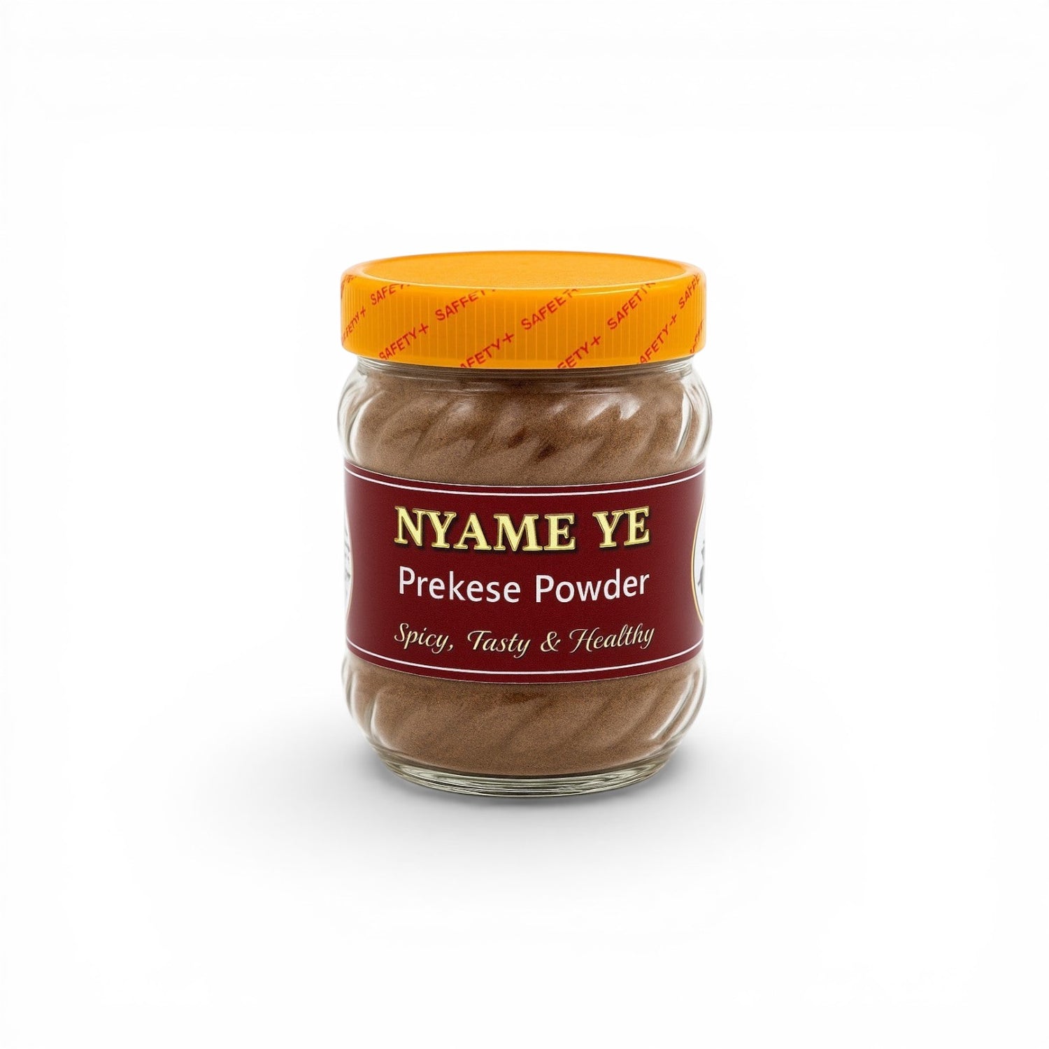 Duaba Afro Prekese Powder (Aidan Fruit) in a clear jar with a yellow lid, fine brown powder inside.