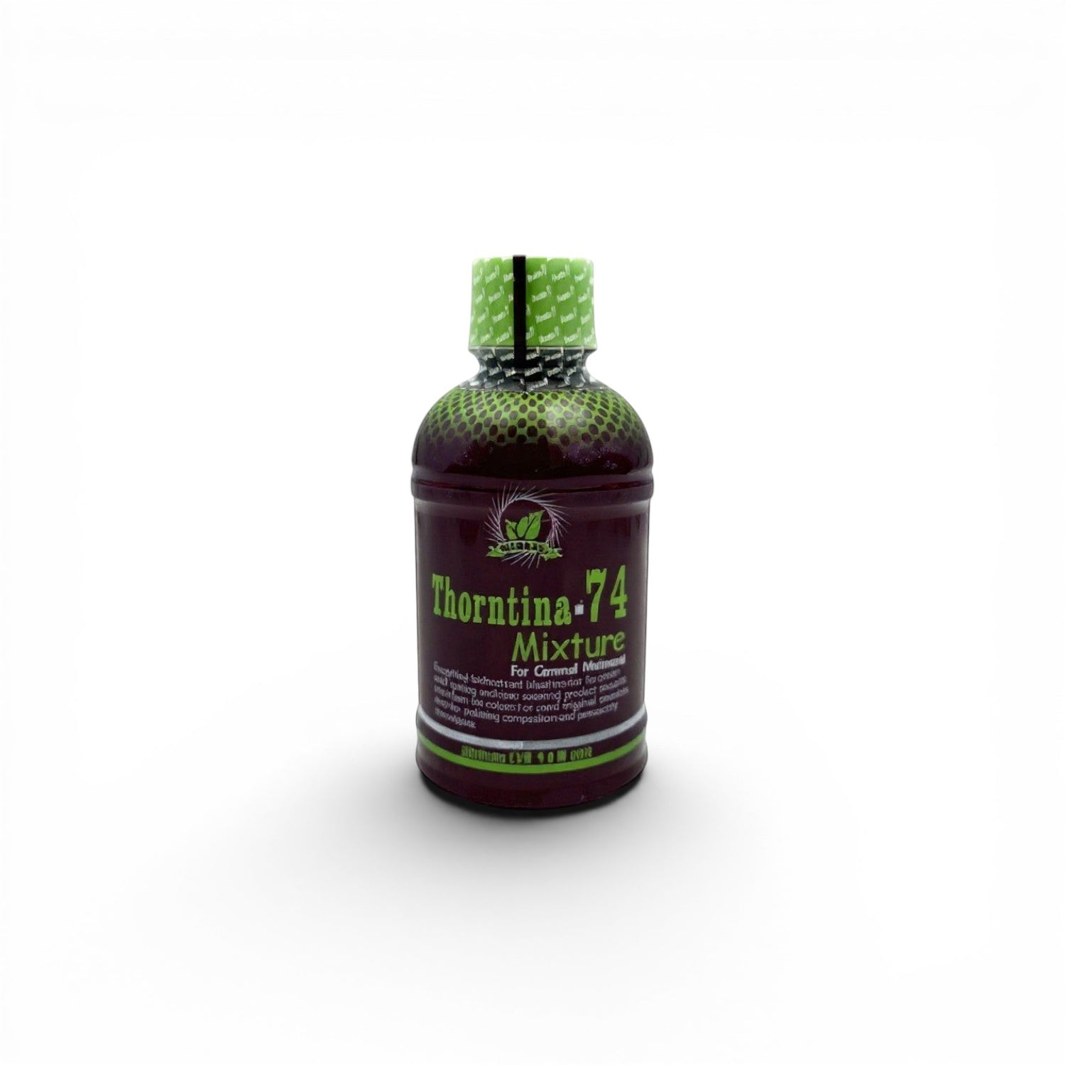 Duaba Afro Thorntina-74 herbal mixture bottle with green and purple label, containing Moringa, Prekese & Yellow Mombin for immune support.