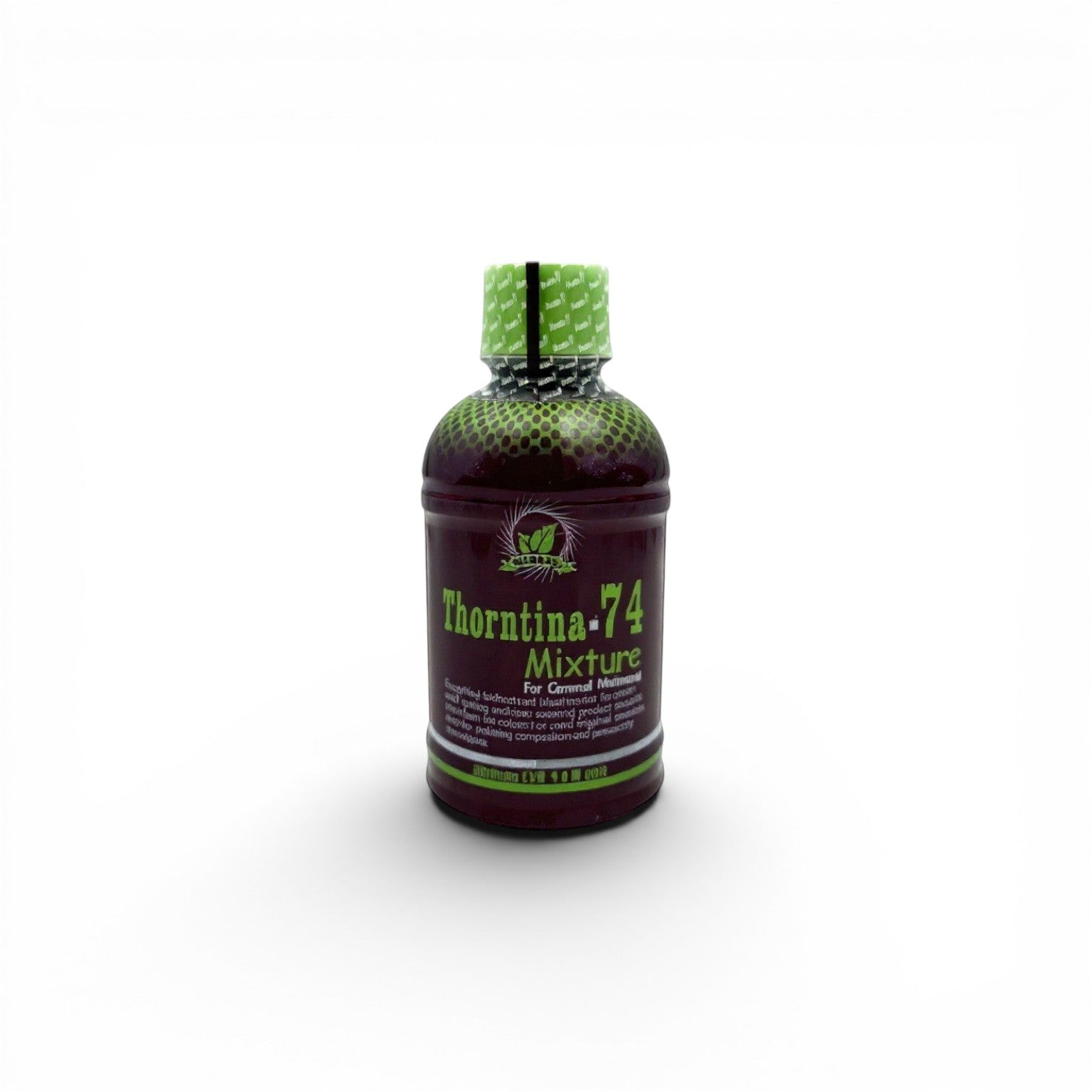 Duaba Afro Thorntina-74 herbal mixture bottle with green and purple label, containing Moringa, Prekese & Yellow Mombin for immune support.