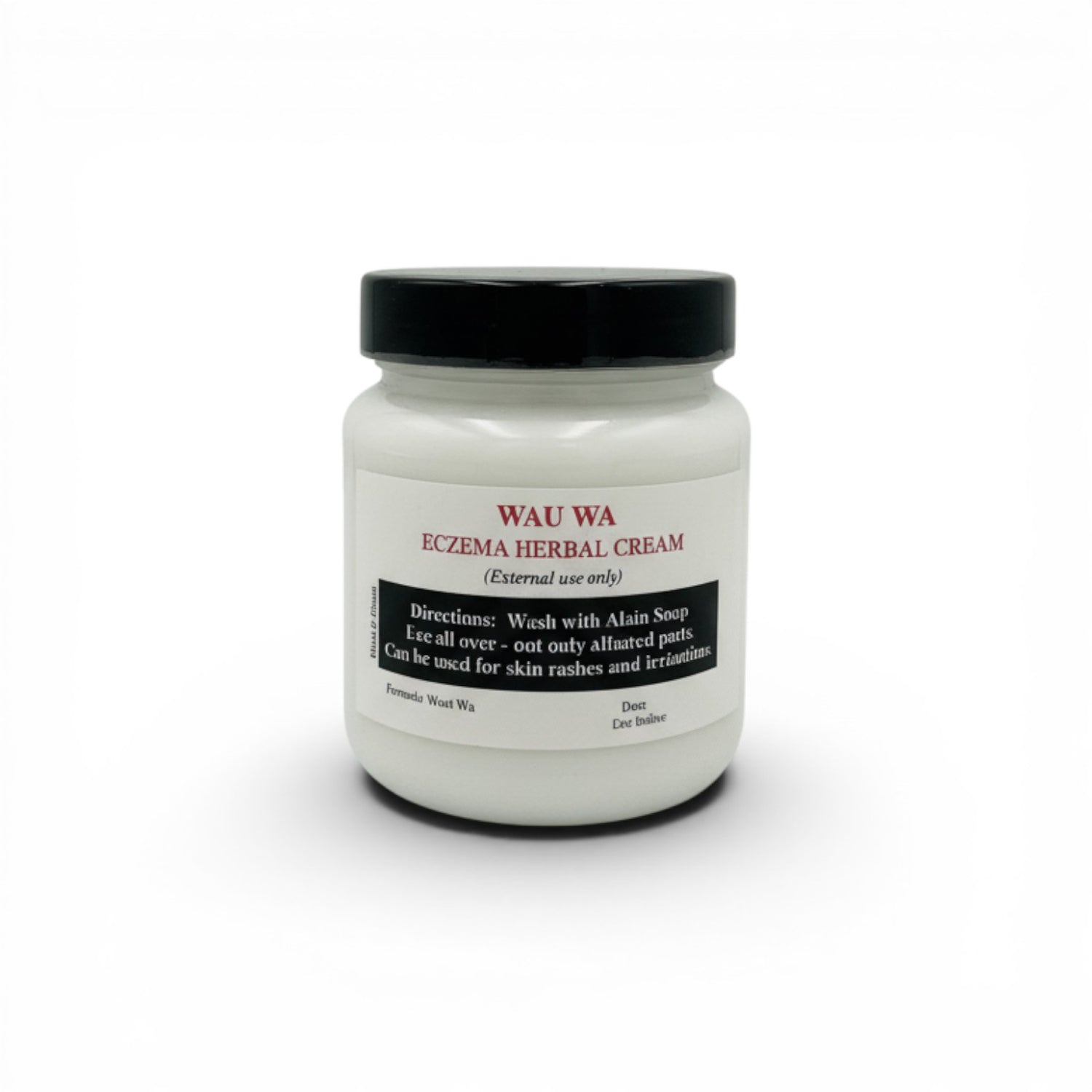 Duaba Afro Wau Wa Herbal Eczema Cream in a white jar with a black lid. Soothes sensitive and irritated skin.