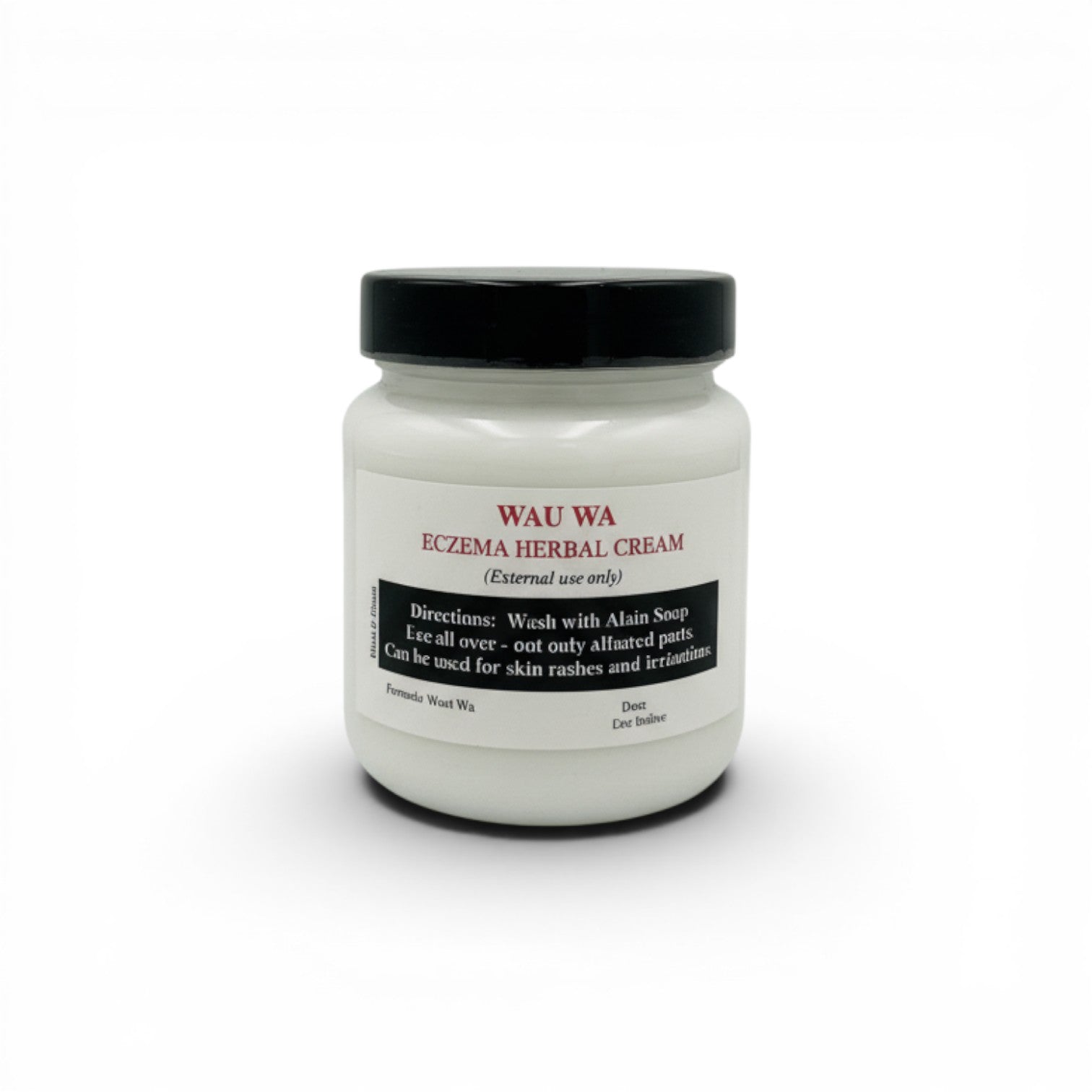 Duaba Afro Wau Wa Herbal Eczema Cream in a white jar with a black lid. Soothes sensitive and irritated skin.