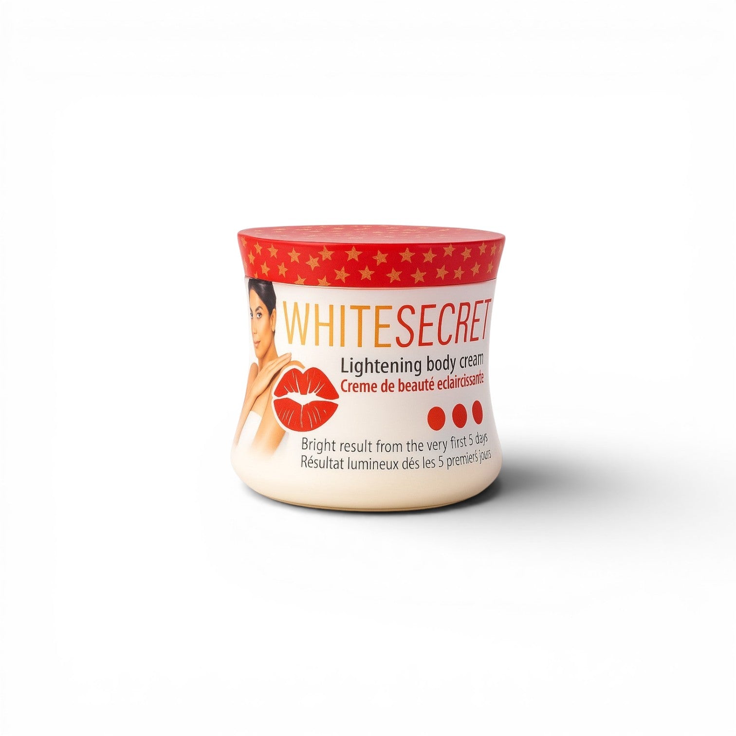 Duaba Afro White Secret lightening body cream in a white jar with a red lid, featuring a woman's face and red lips.