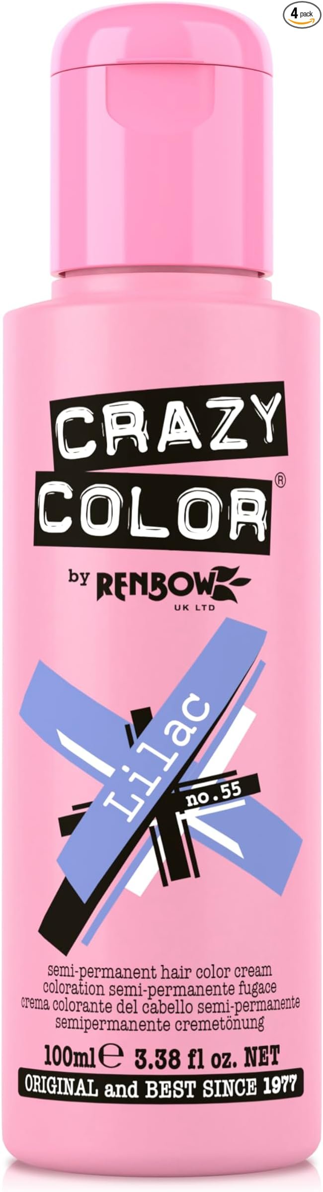 Crazy Color Semi-Permanent Hair Color Cream – Lilac No. 55 (4 Pack) (100ml)
